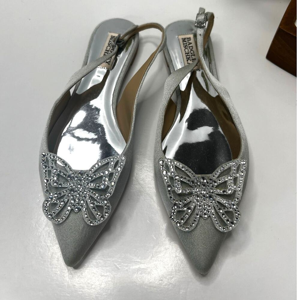 Badgley Mischka Metallic Butterfly Jewel Pointed Slingback Flats Silver Women 6